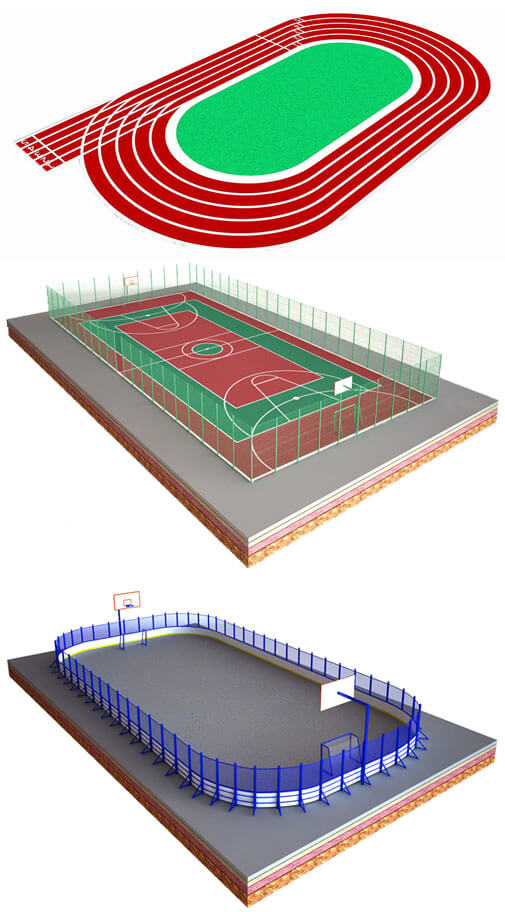 Беговая дорожка, спортивная площадка и корт